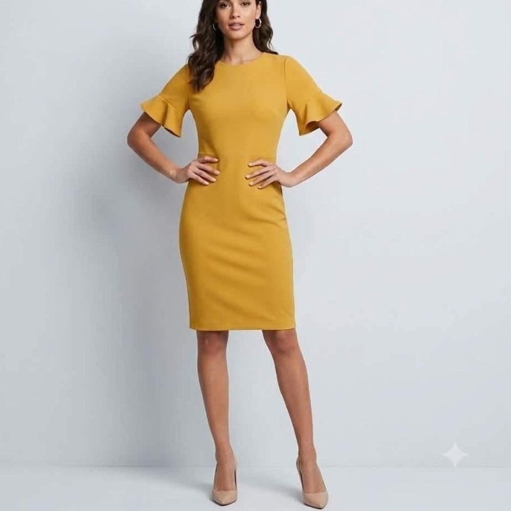 Calvin Klein Mustard Yellow Ruffle Sleeve Sheath Dress Size 12 Fall Work Career